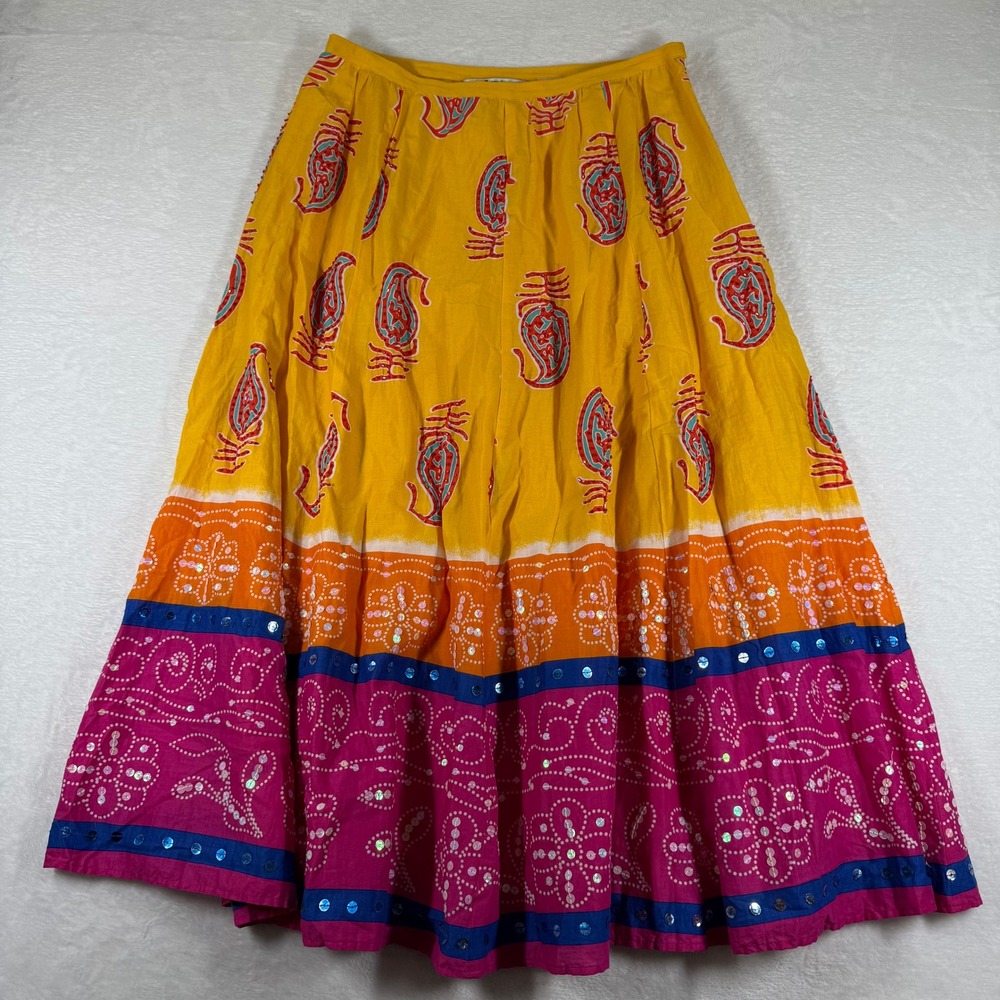 Nygard Collection Yellow Paisley Sequin Cotton Maxi Skirt Size 8 3J1P8320 Boho